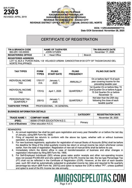 Certificado de registro das Filipinas para download, modelo Word e PDF, versão 3